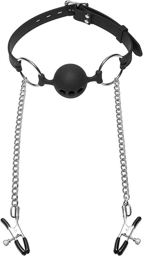 
                  
                    Load image into Gallery viewer, Hinder Breathable Silicone Ball Gag with Nipple Clamps
                  
                